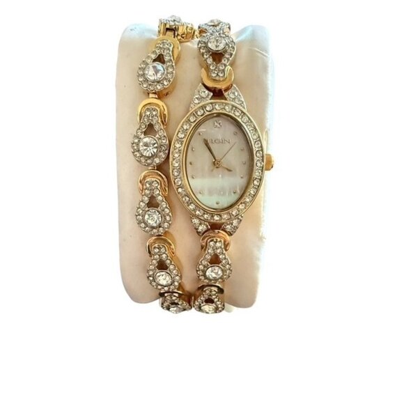 Elgin Womens Oval Yellow Gold Tone Mother Of Pearl Dial Watch Bracelet Set Vtg main image 8